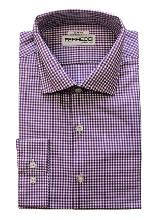 Ferrecci Purple and White Micro-Check Slim Fit Cutaway Collar Cotton Dress Shirt