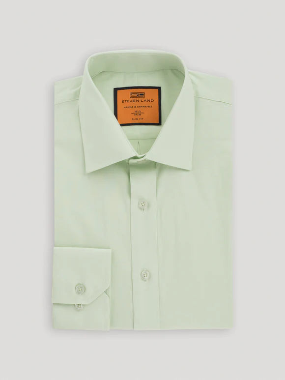 Steven Land Mens Solid Light Green Spread Collar Wrinkle Free 100% Cotton Dress Shirt