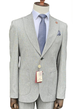 Romaster Mens Slim Fit Gray Linen Blend 2 Piece Suit With Peak Lapels
