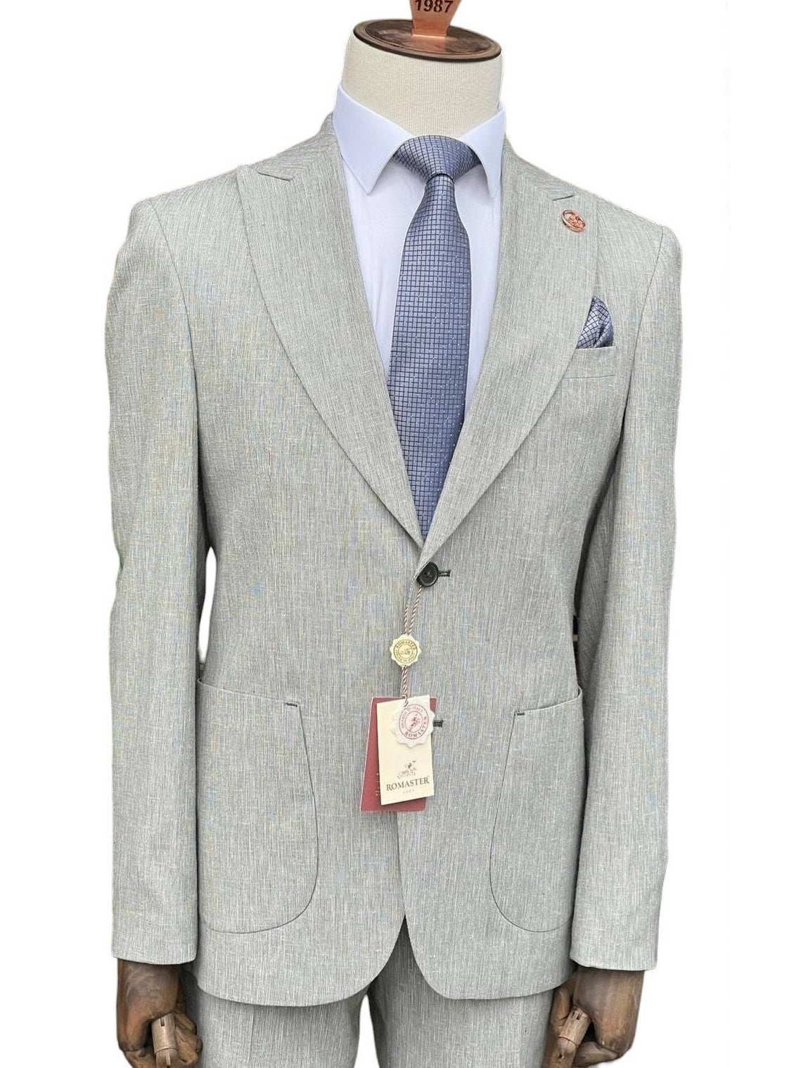 Romaster Mens Slim Fit Gray Linen Blend 2 Piece Suit With Peak Lapels