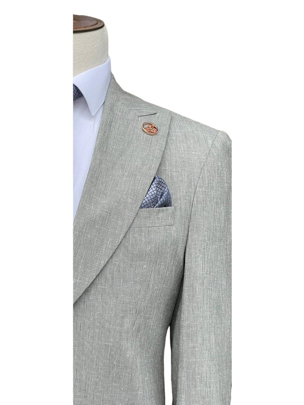 Romaster Mens Slim Fit Gray Linen Blend 2 Piece Suit With Peak Lapels