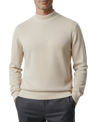 Solid Oatmeal Pullover Cotton Blend Mock Neck Sweater