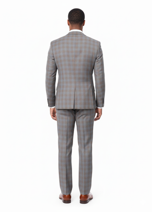 Prontomoda Mens Gray & Blue Plaid 100% Wool Slim Fit Suit - The Suit Depot