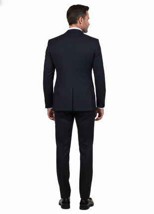 Di'nucci Slim Fit Navy Blue With Blue Stripe Peak Lapel Wool Blend Suit - The Suit Depot