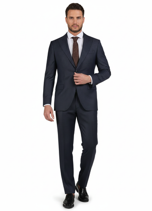 Di'nucci Slim Fit Navy With Blue Stripe Peak Lapel Wool Blend Suit