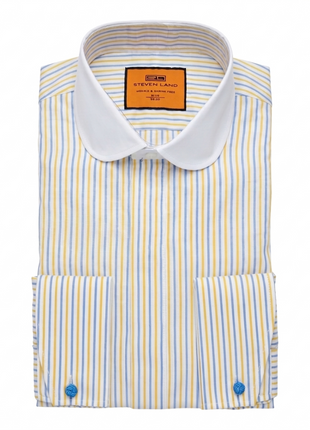 Steven Land Yellow & Blue Striped Club Collar French Cuff Cotton Dress Shirt