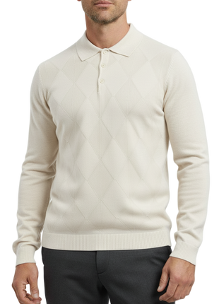 Lavane N.Y. Mens Cream Diamond Knit Polo Sweater Shirt