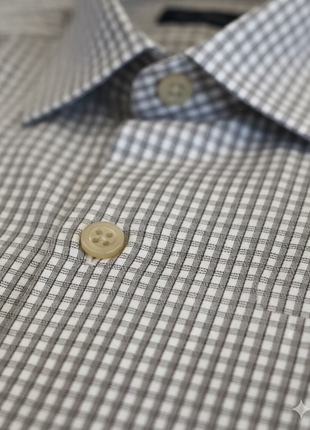 Mens Grid Check Brown & White Slim Fit Cotton Blend Stretch Spread Collar Dress Shirt - The Suit Depot