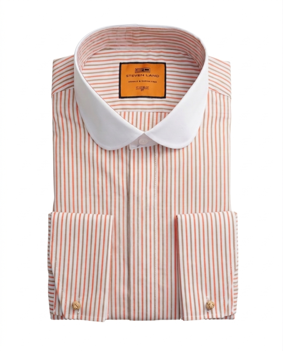 Steven Land Melon & Brown Striped Club Collar French Cuff Cotton Dress –  The Suit Depot