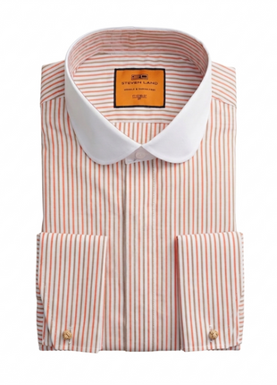 Steven Land Melon & Brown Striped Club Collar French Cuff Cotton Dress Shirt