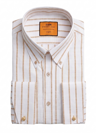 Steven Land White & Walnut Striped Button-Down Collar French Cuff Cotton Dress Shirt