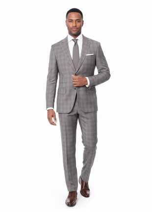 Prontomoda Mens Gray & Blue Plaid 100% Wool Slim Fit Suit - The Suit Depot