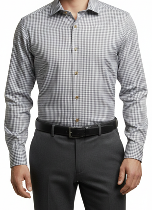 Mens Grid Check Brown & White Slim Fit Cotton Blend Stretch Spread Collar Dress Shirt - The Suit Depot