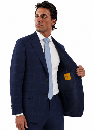 Hickey Freeman Navy Blue Windowpane Check 100% Wool Classic Fit 2-Button Suit 42R