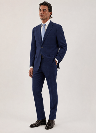 Hickey Freeman Navy Blue Windowpane Check 100% Wool Classic Fit 2-Button Suit 42R