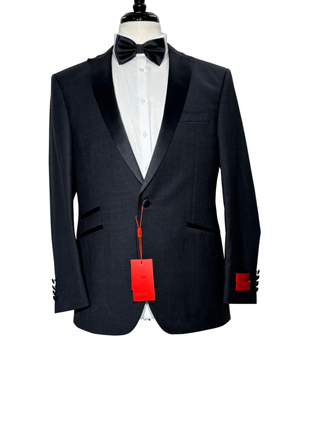 Napoli Mens Charcoal Textured Peak Lapel Classic Fit 1-Button Wool Cashmere Tuxedo with Ticket Pocket - 42S