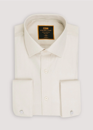 Steven Land Cream Herringbone Tailored Fit Spread Collar Wrinkle & Shrink Free Cotton Dress Shirt