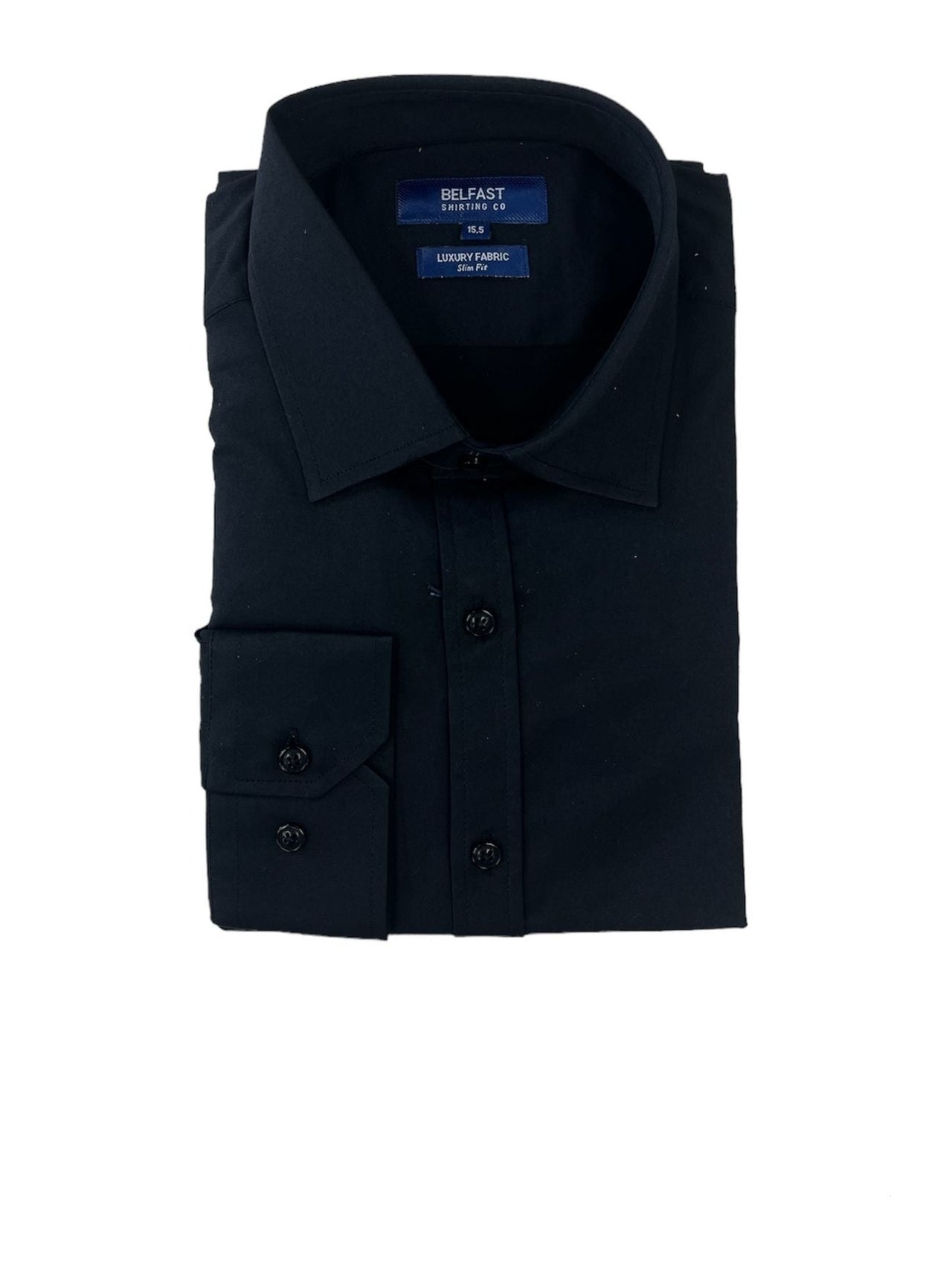 Belfast Camisa de vestir con cuello extendido de mezcla de algodón negro sólido de ajuste clásico para hombre