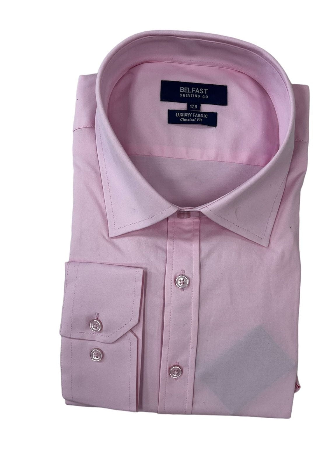 Belfast Camisa de vestir con cuello extendido de mezcla de algodón rosa sólido de corte clásico para hombre