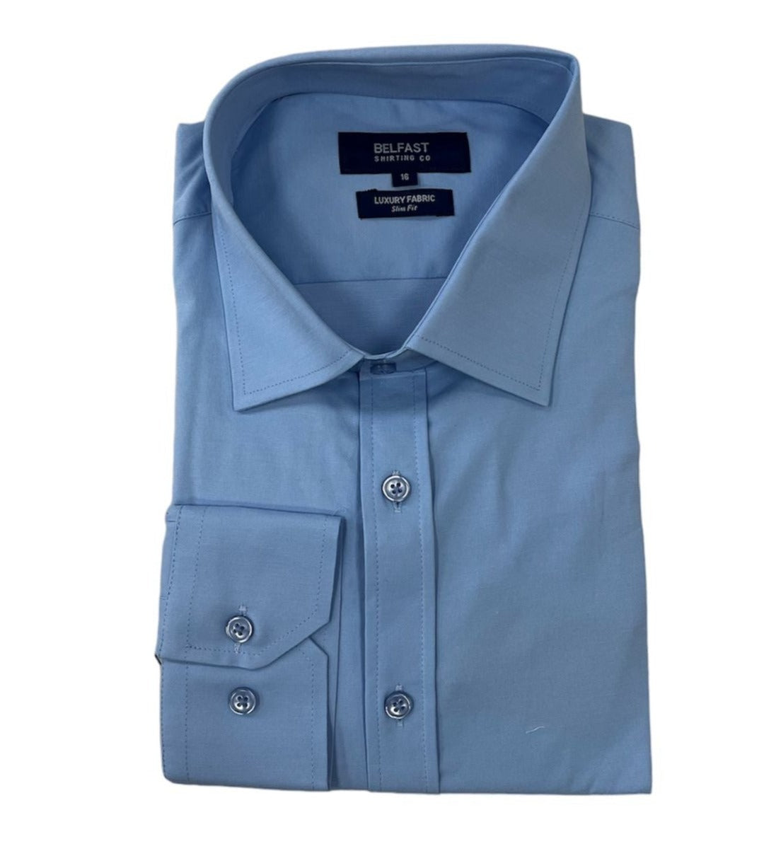 Belfast Mens Classic Fit Solid Blue Cotton Blend Spread Collar Dress Shirt