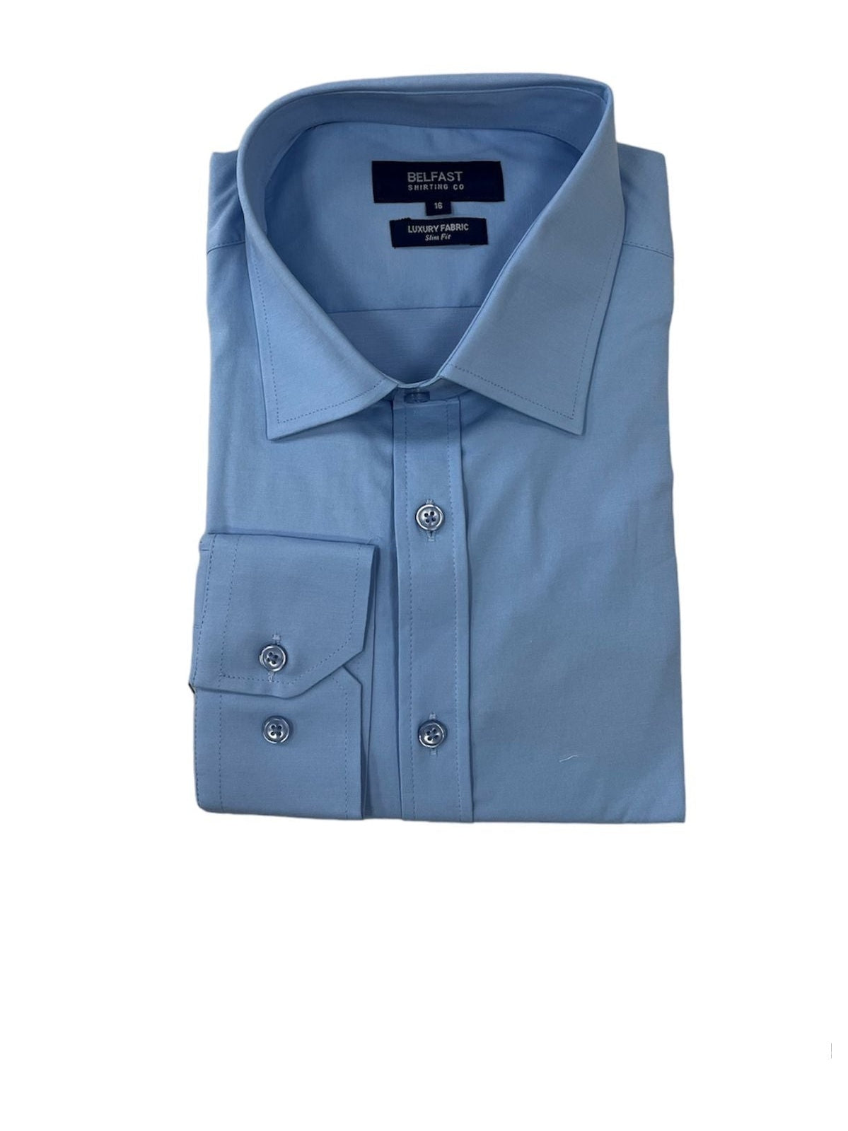 Belfast Camisa de vestir con cuello extendido de mezcla de algodón azul sólido de corte clásico para hombre