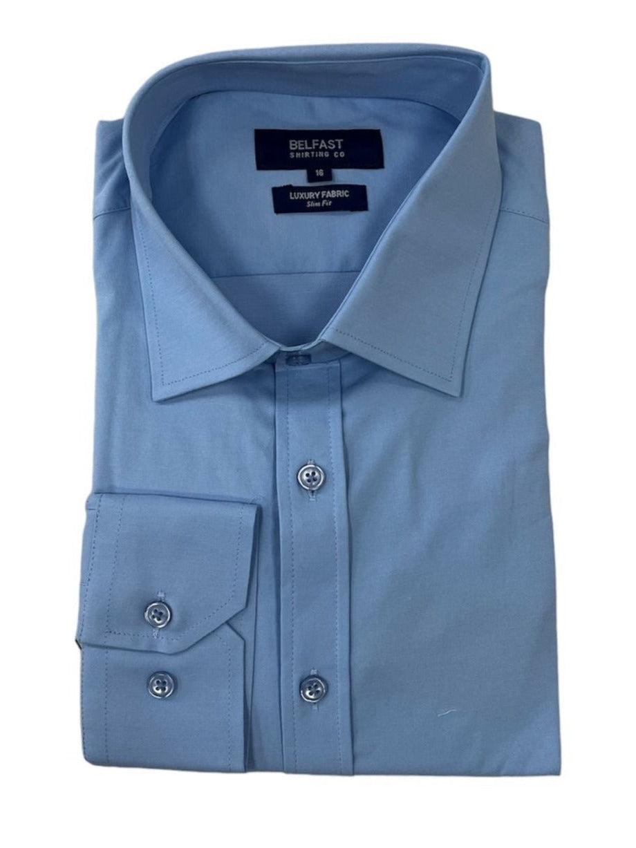 Belfast Camisa de vestir con cuello extendido de mezcla de algodón azul sólido de ajuste clásico para hombre