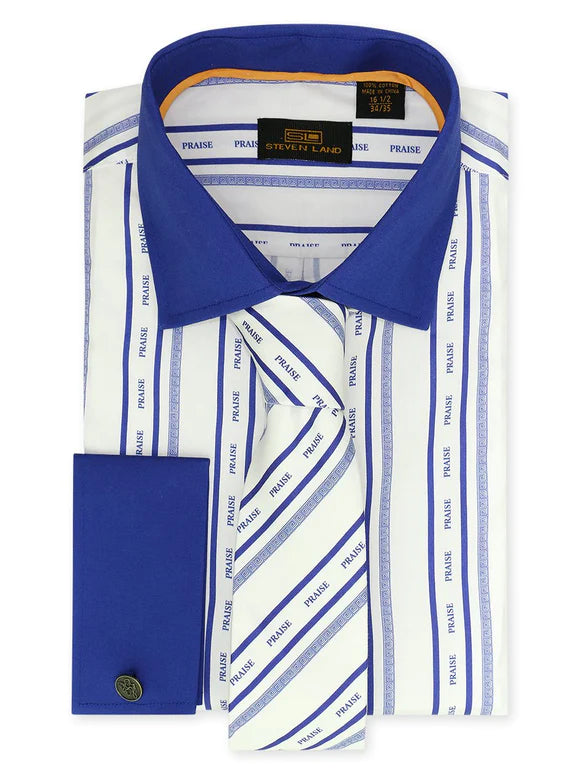 Steven Land Men's Blue & White Striped 'Praise' French Cuff 100% Cotton Dress Shirt