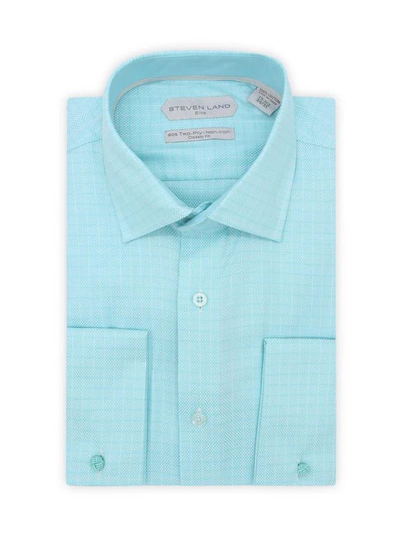 Steven Land Mens Aqua Blue Classic Fit French Cuff 100% Cotton Dress Shirt