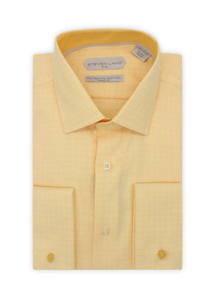Steven Land Mens Yellow Check Classic Fit 100% Cotton French Cuff Dress Shirt