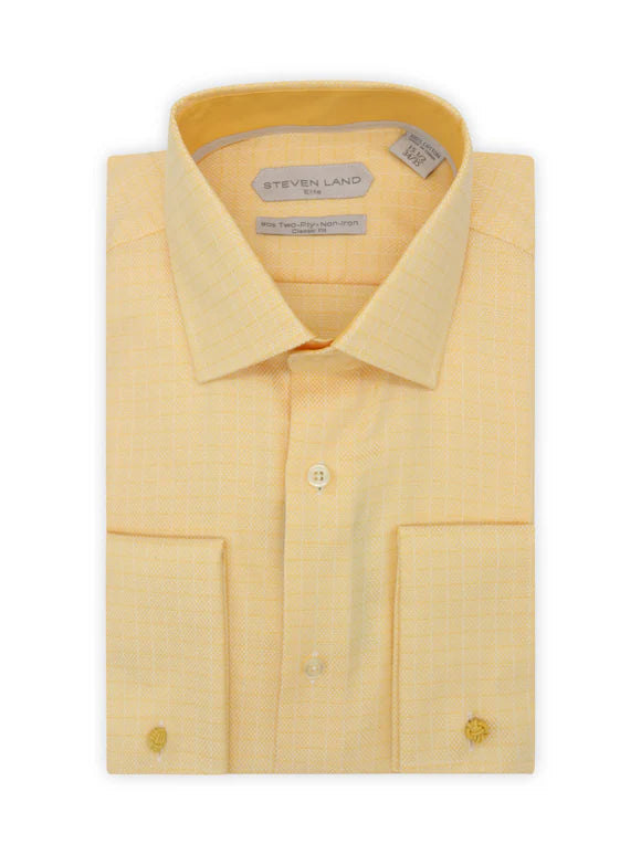 Steven Land Mens Yellow Check Classic Fit 100% Cotton French Cuff Dress Shirt