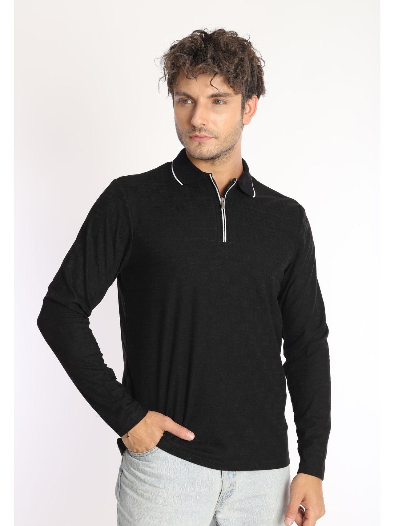 Enzo Liberti Polo negro de manga larga con cremallera de 1/4 para hombre 100% algodón