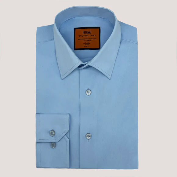 Steven Land Mens Light Blue Slim Fit 4 Way Stretch Spread Collar Dress Shirt
