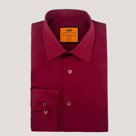 Steven Land Mens Burgundy Slim Fit 4 Way Stretch Spread Collar Dress Shirt