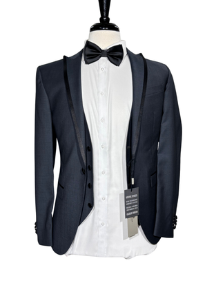 Corneliani CC Collection Blue Textured Peak Lapel Slim Fit 3-Piece Wool Mohair Tuxedo - 36R