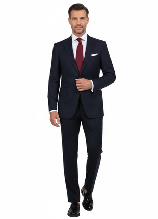 Di'nucci Slim Fit Navy With Burgundy Stripe Peak Lapel Wool Blend Suit