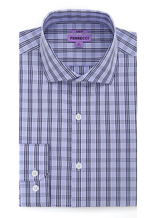 Ferrecci Light Blue Plaid Slim Fit Spread Collar Cotton Dress Shirt - The Suit Depot