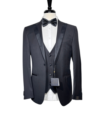 Corneliani Mens Solid Black Fully-Canvassed Satin Split Peak Lapel Slim Fit 3-Piece Wool Tuxedo - 40R
