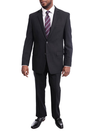 I Uomo Regular Fit Black Pinstriped Two Button Wool Suit - The Suit Depot