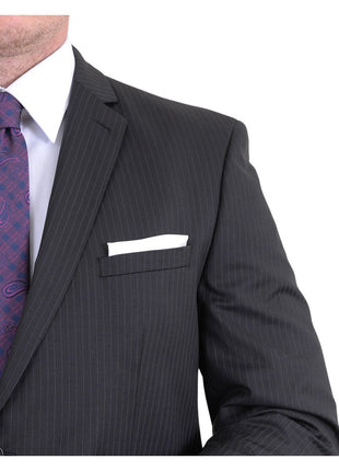 I Uomo Regular Fit Black Pinstriped Two Button Wool Suit - The Suit Depot