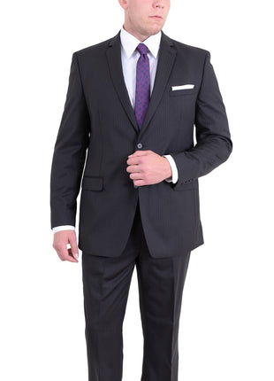 I Uomo Regular Fit Black Pinstriped Two Button Wool Suit - The Suit Depot