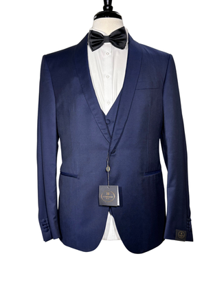 Corneliani Mens Solid Navy Fully-Canvassed Shawl Lapel Slim Fit 3-Piece Wool Tuxedo - 38S