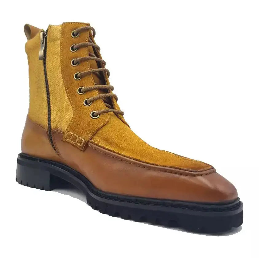 Carrucci Boys Cognac Leather & Canvas Lace-up Boots