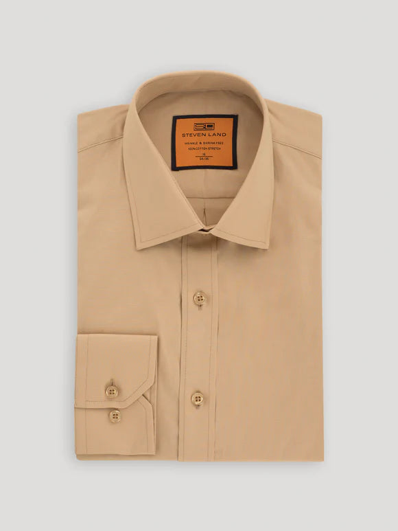 Steven Land Men's Solid Khaki Tan Spread Collar Wrinkle Free Stretch C The Suit Depot Steven Land Men's Solid Khaki Tan Spread Collar Wrinkle Free Stretch C The Suit Depot