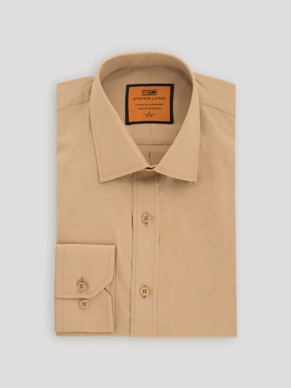 Steven Land Men&#39;s Solid Khaki Tan Spread Collar Wrinkle Free Cotton Dress Shirt