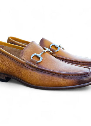 Carrucci Mens Cognac Tumble Leather Buckle Loafer Dress Shoes - The Suit Depot