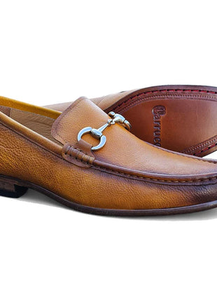Carrucci Mens Cognac Tumble Leather Buckle Loafer Dress Shoes - The Suit Depot