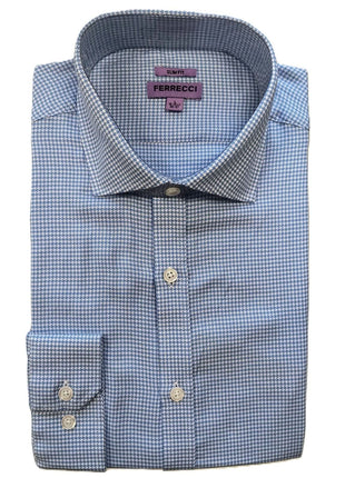 Ferrecci Blue and White micro houndstooth Slim Fit Cutaway Collar Cotton Dress Shirt