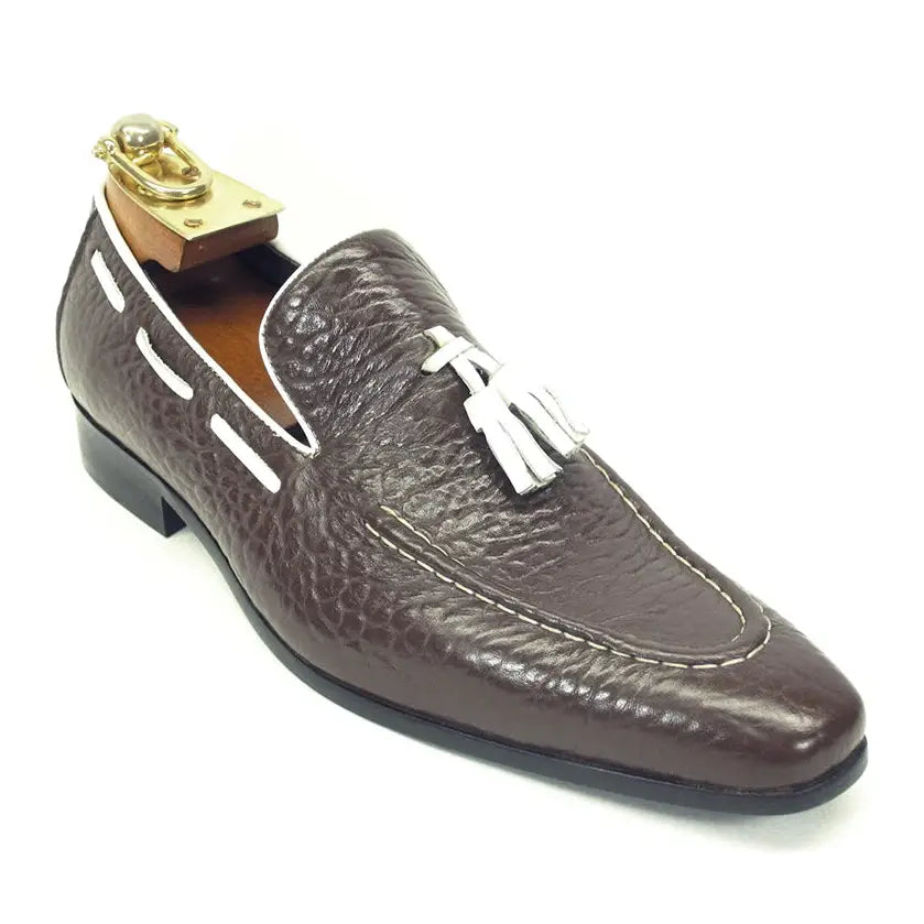 Carrucci Brown &amp; White Apron Toe Slip-on Tassel Loafer Grain Leather Dress Shoes