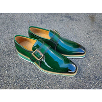 Thumbnail for Carrucci Mens Olive Green Patent Leather Slip On Loafer Leather Dress Shoes