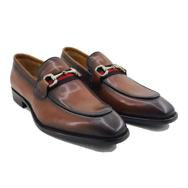 Carrucci Mens Whisky Brown Leather Horsebit Loafer Slip On Dress Shoes